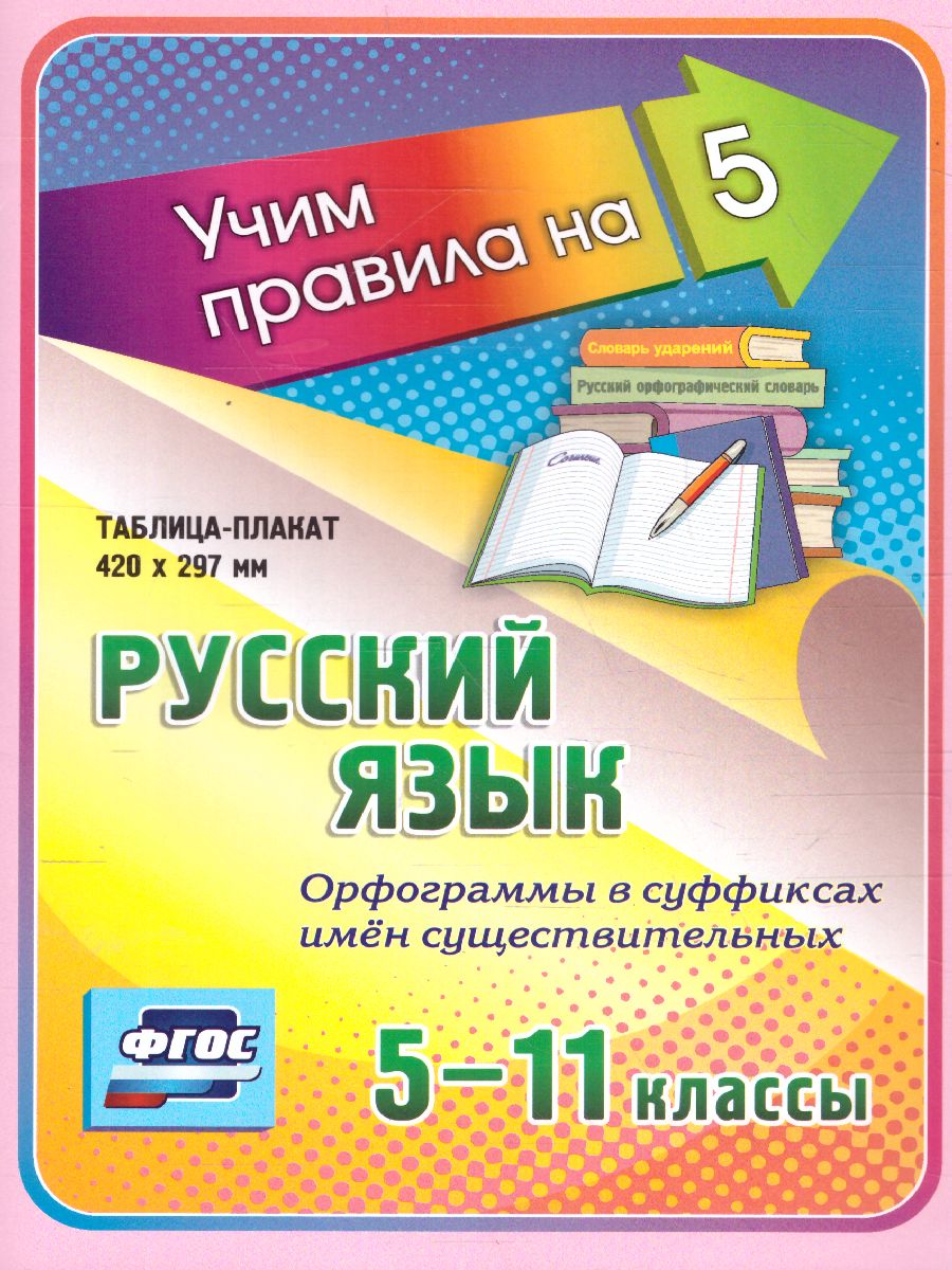 Обложка книги Русский язык 5-11 класс. Орфограммы в суффиксах имен существительных. Таблица-плакат, Автор НП-124, издательство Учитель | купить в книжном магазине Рослит