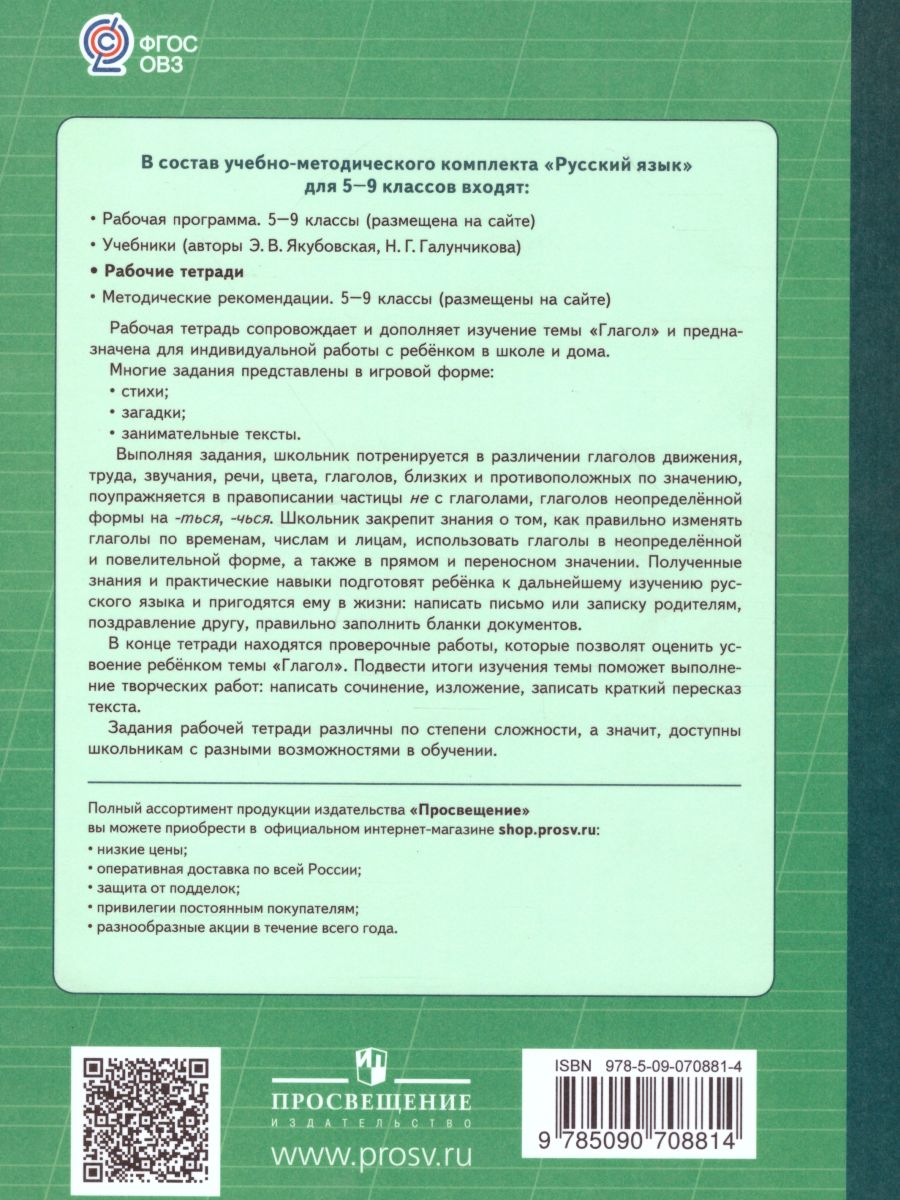Обложка книги Русскоий язык 5-9 класс. Рабочая тетрадь №4. Глагол. Для специальных (коррекционных) образовательных учреждений VIII вида, Автор Галунчикова Н.Г. Якубовская Э.В., издательство Просвещение | купить в книжном магазине Рослит