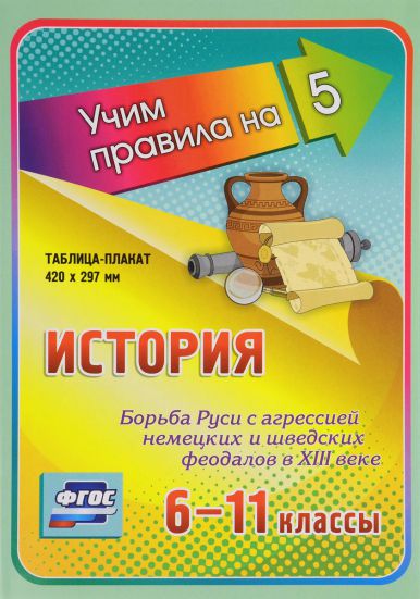 Обложка книги История 6-11 класс. Борьба Руси с агрессией немецких и шведских феодалов в ХIII веке. Таблица-плакат, Автор НП-111, издательство Учитель | купить в книжном магазине Рослит