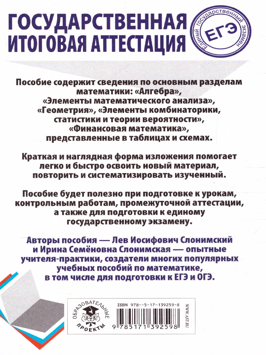 Обложка книги Математика. Весь школьный курс в таблицах и схемах. ЕГЭ, Автор Слонимский Л.И. Слонимская И.С., издательство АСТ | купить в книжном магазине Рослит