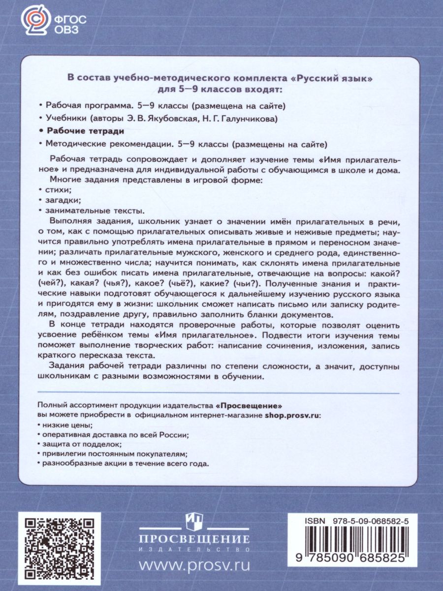 Обложка книги Рабочая тетрадь №3 по Русскому языку 5-9 класс. Имя прилагательное. Для специальных (коррекционных) образовательных учреждений VIII вида, Автор Галунчикова Н.Г. Якубовская Э.В., издательство Просвещение | купить в книжном магазине Рослит