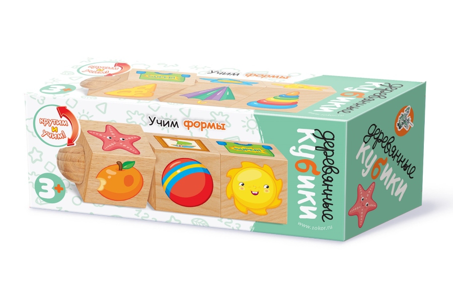 Обложка Кубики деревянные на оси "Учим формы" (3 кубика), издательство Десятое королевство | купить в книжном магазине Рослит
