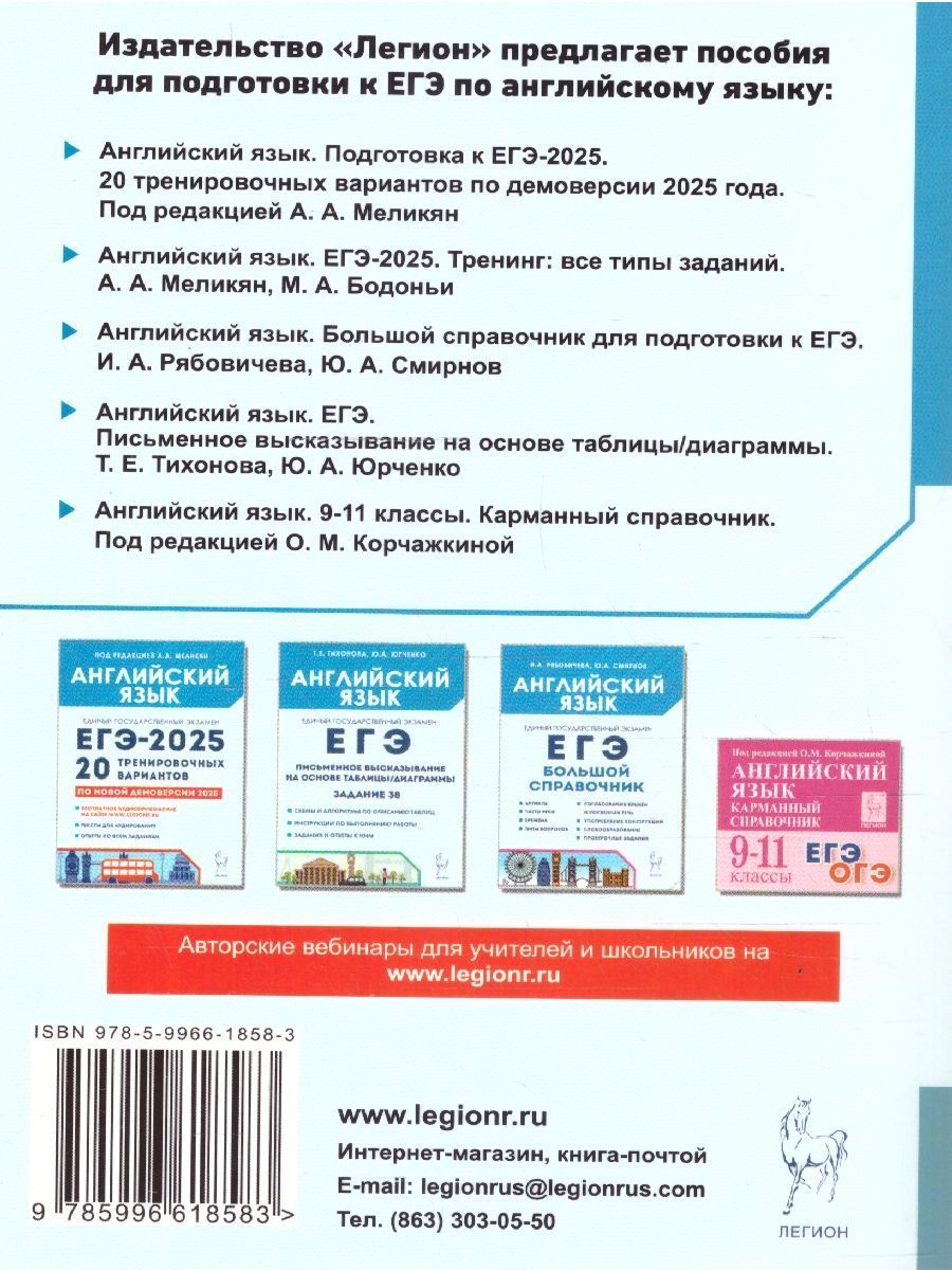 Обложка книги ЕГЭ-2025. Английский язык. Тренинг: все типы заданий, Автор Меликян А.А. Бодоньи М. А., издательство ЛЕГИОН | купить в книжном магазине Рослит