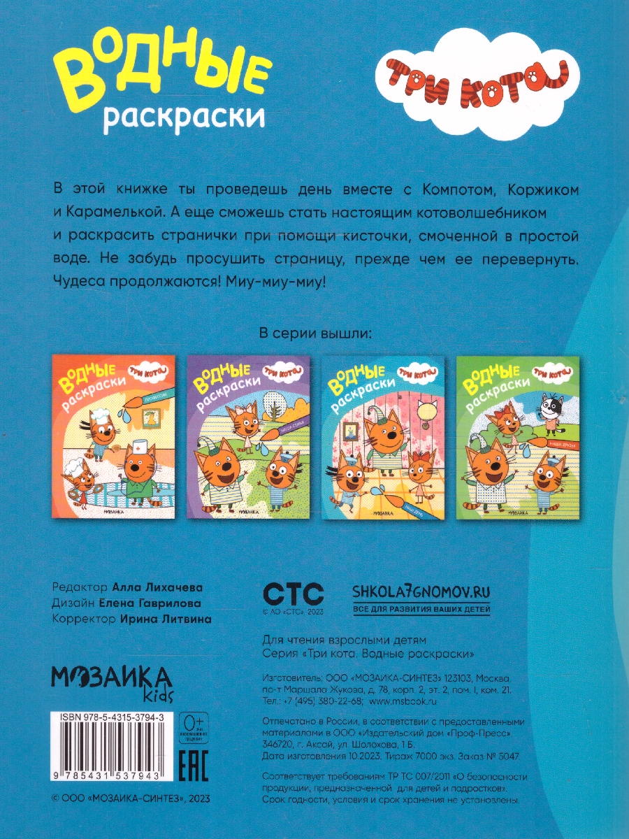 Обложка книги Три кота. Водные раскраски. Наш день (Мозаика-Синтез), Автор , издательство Мозаика-Синтез | купить в книжном магазине Рослит