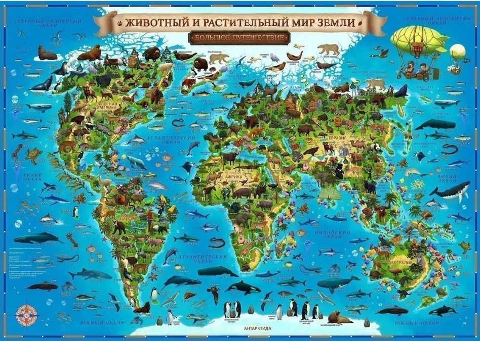 Обложка книги Карта мира для детей "Животный и растительный мир Земли"101х69 (лам.)(с новыми регионами РФ)(Глобен), Автор КН008, издательство Глобен | купить в книжном магазине Рослит