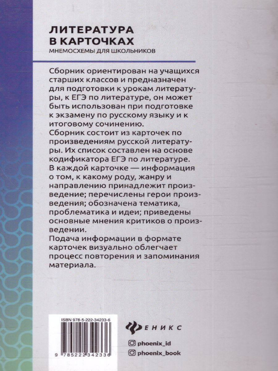 Обложка книги Литература в карточках. Мнемосхемы для школьников, Автор Гофман В.С., издательство Феникс ТД                                          | купить в книжном магазине Рослит