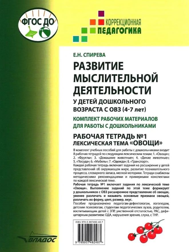 Обложка книги Развитие мыслительной деятельности у детей дошкольного возраста с ОВЗ (4-7 лет). Рабочая тетрадь № 1, Автор Спирева Е.Н., издательство Владос | купить в книжном магазине Рослит
