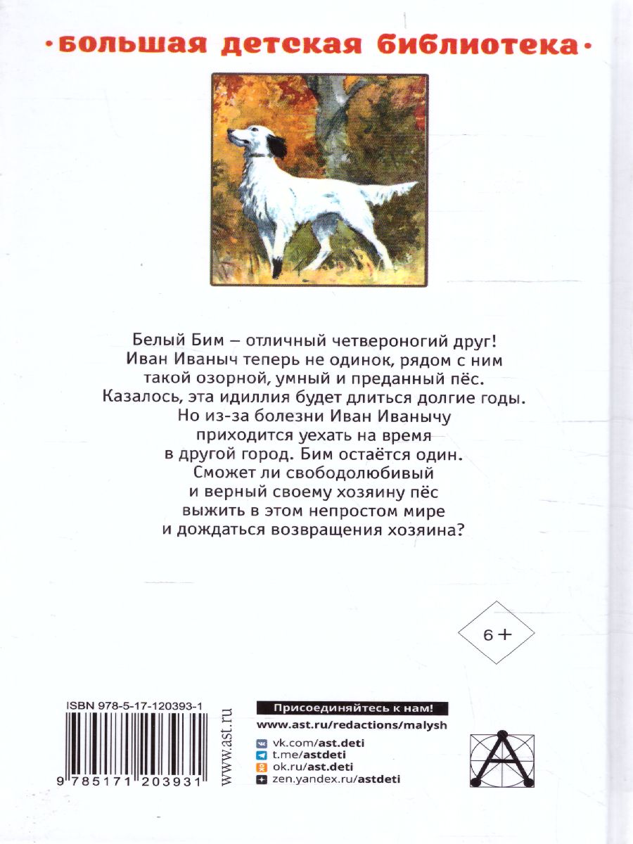 Обложка книги Белый Бим чёрное ухо. Большая детская библиотека, Автор Троепольский Г.Н., издательство АСТ | купить в книжном магазине Рослит