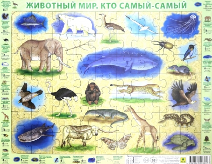 Обложка книги Детский пазл на подложке. Животный мир.Кто самый-самый. (36х28 см, 63 эл.)(РУЗ Ко), Автор , издательство РУЗ Ко | купить в книжном магазине Рослит