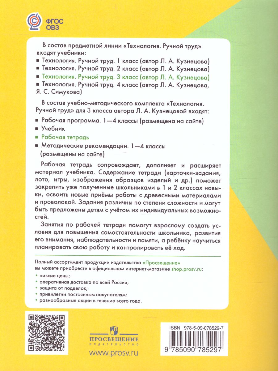 Обложка книги Технология 3 класс. Ручной труд. Рабочая тетрадь для коррекционных образовательных учреждений VIII вида, Автор Кузнецова Л.А., издательство Просвещение | купить в книжном магазине Рослит