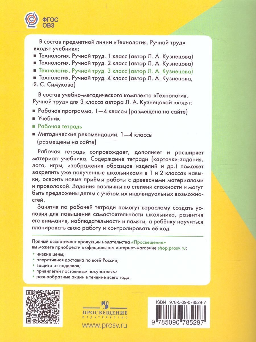 Обложка книги Технология 3 класс. Ручной труд. Рабочая тетрадь для коррекционных образовательных учреждений VIII вида, Автор Кузнецова Л.А., издательство Просвещение | купить в книжном магазине Рослит