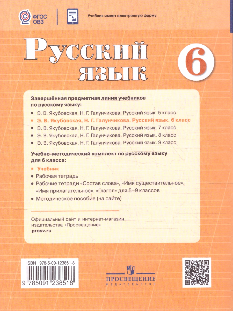 Обложка книги Русский язык 6 класс. Учебник (для обучающихся с интеллектуальными нарушениями), Автор Якубовская Э. В.; Галунчикова Н. Г., издательство Просвещение | купить в книжном магазине Рослит