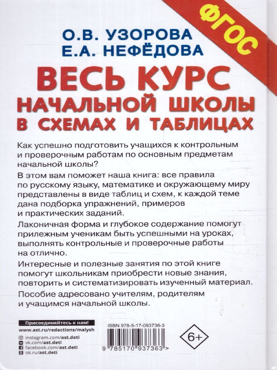 Обложка книги Весь курс начальной школы в схемах и таблицах 1-4 класс, Автор Узорова О.В. Нефёдова Е.А., издательство АСТ | купить в книжном магазине Рослит